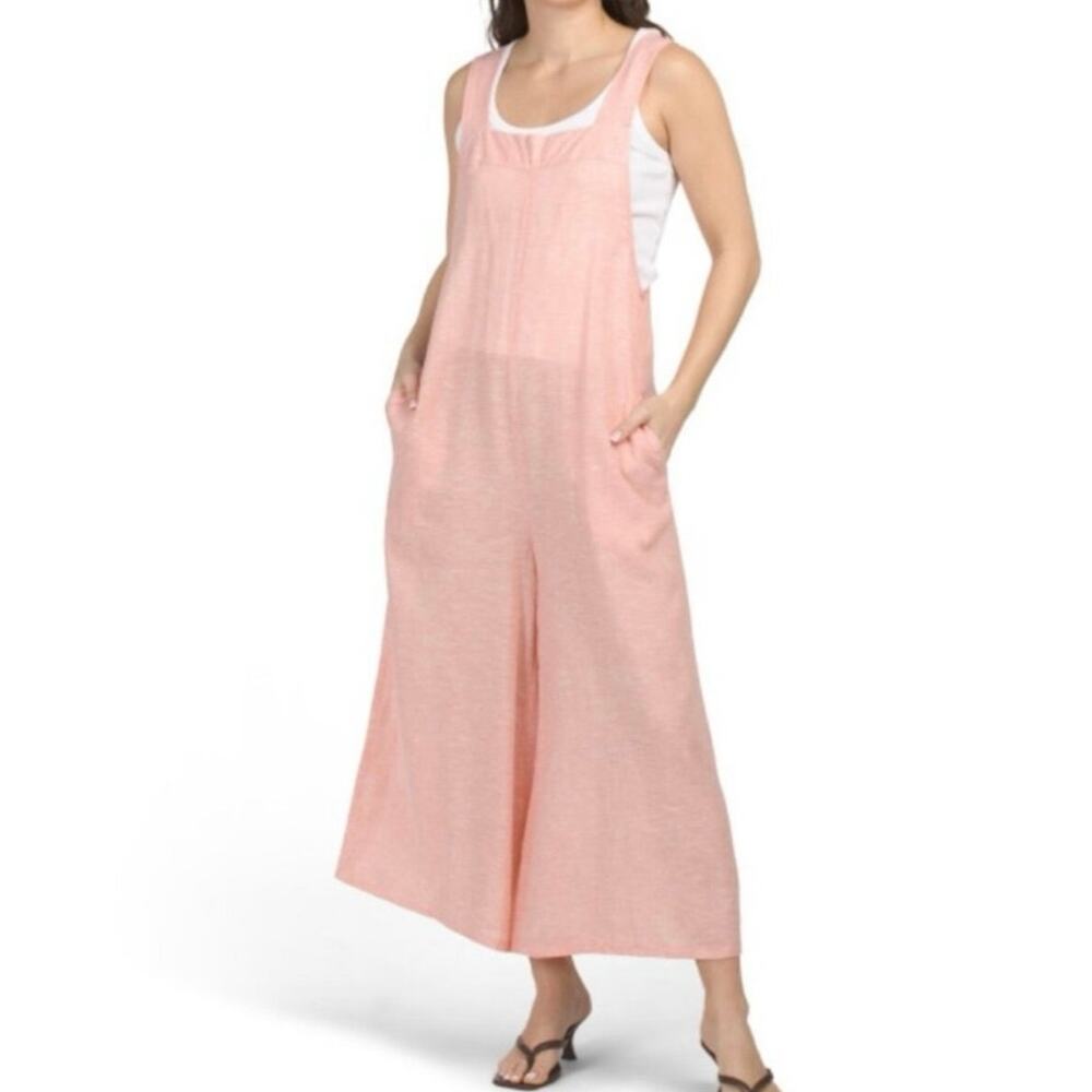 Haute Hippie Style Peach Linen Jumpsuit L | Boho Wide Leg Back Tie Coverup